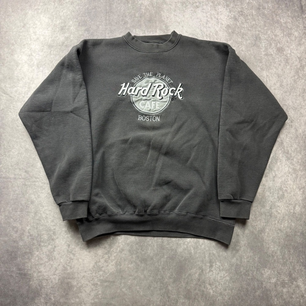 Vintage Hard Rock Cafe Boston Sweatshirt Mens Large Faded Black Embroidered USA
